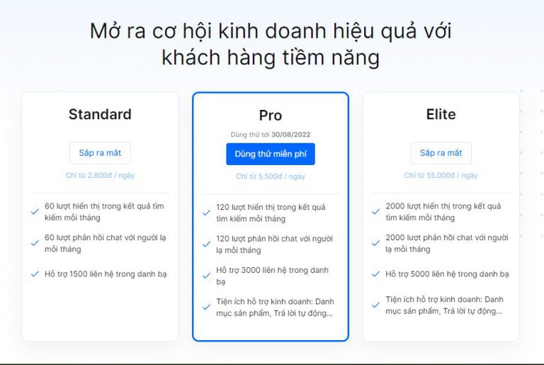 Các gói dành cho Business Zalo