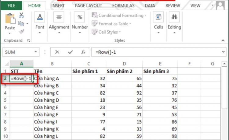Sử dụng hàm ROW