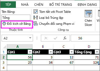 Đổi kích cỡ bảng