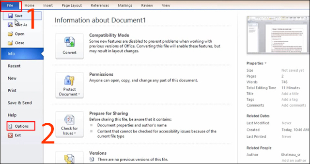Chọn File và bấm Options