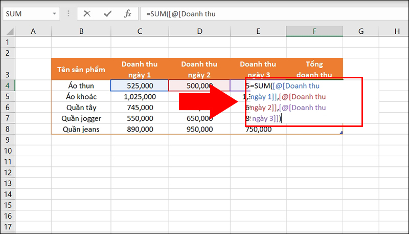 Áp dụng công thức SUM