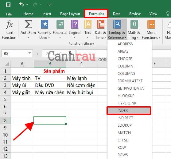 Chọn Lookup and Reference -> Index