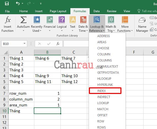 Vào Lookup and Reference > INDEX.