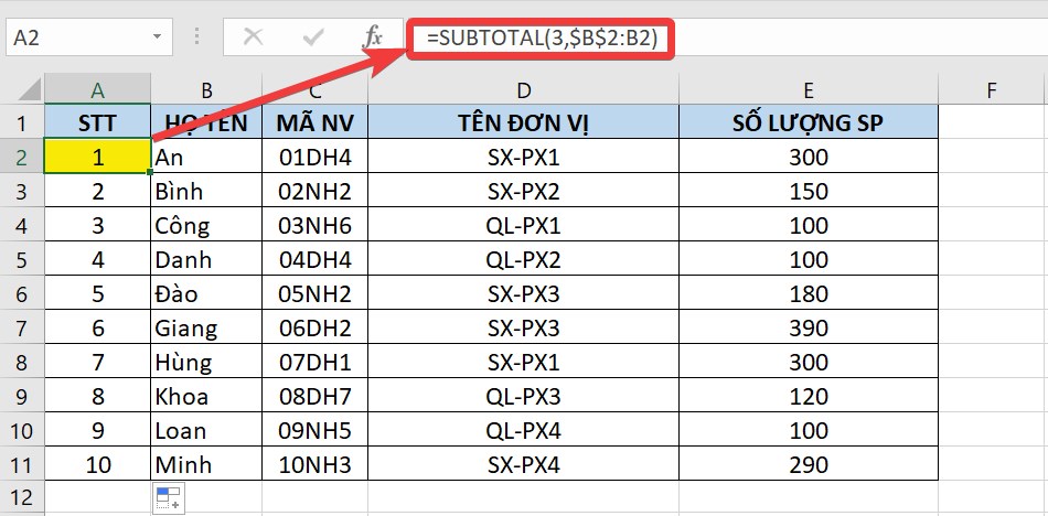 Sử dụng hàm SUBTOTAL