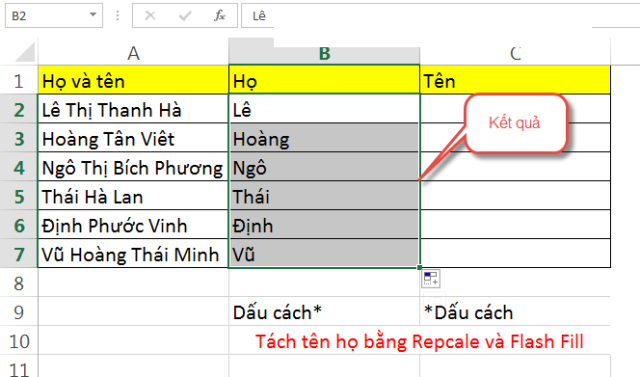 Kết quả sau khi tách họ bằng tính năng Flash Fill