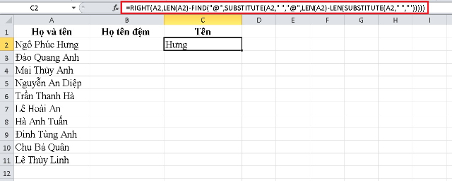 Sử dụng nhiều hàm để lọc họ và tên trong Excel