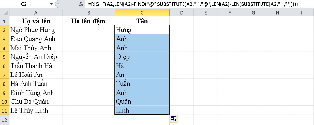 Lọc phần tên tại cột C