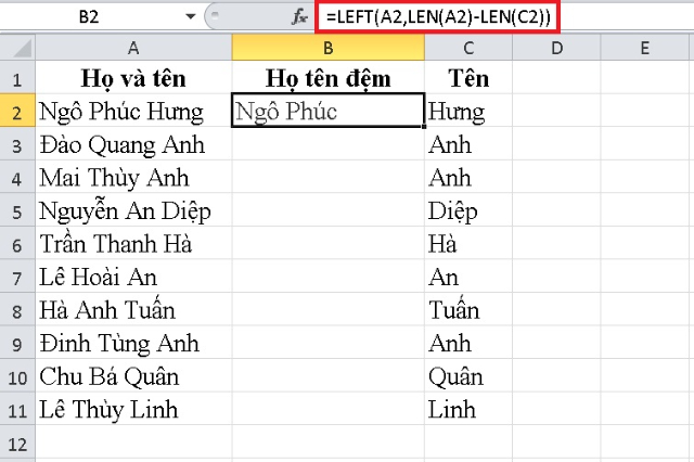 Lọc phần họ và đêm theo hàm LEFT và LEN