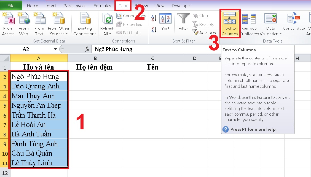 Bôi đen cột chứa họ và tên rồi chọn Text to Columns