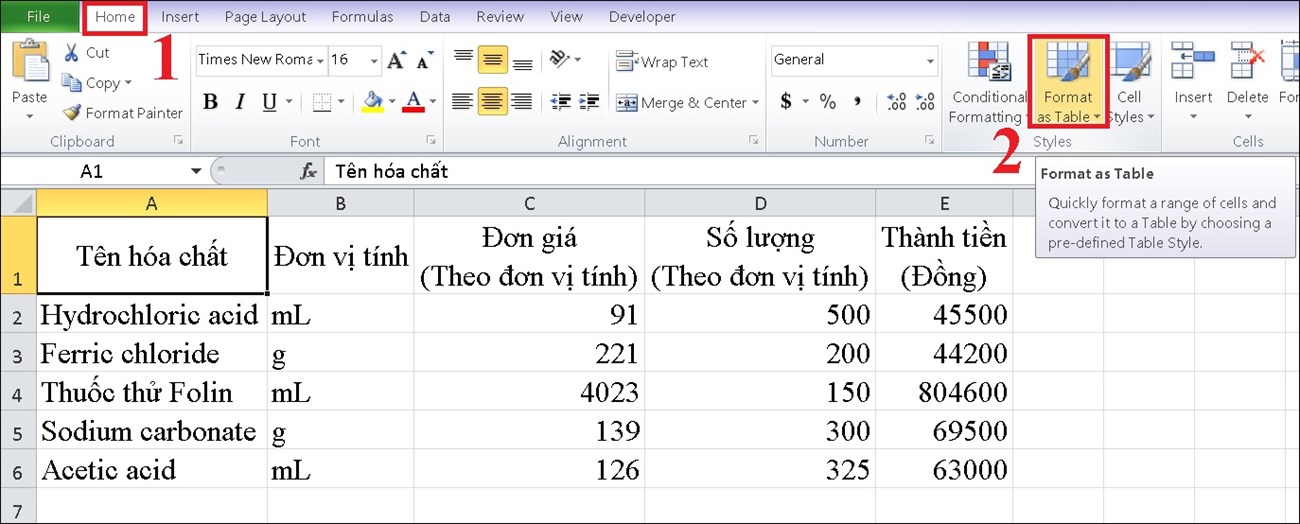 Vào phần Format As Table