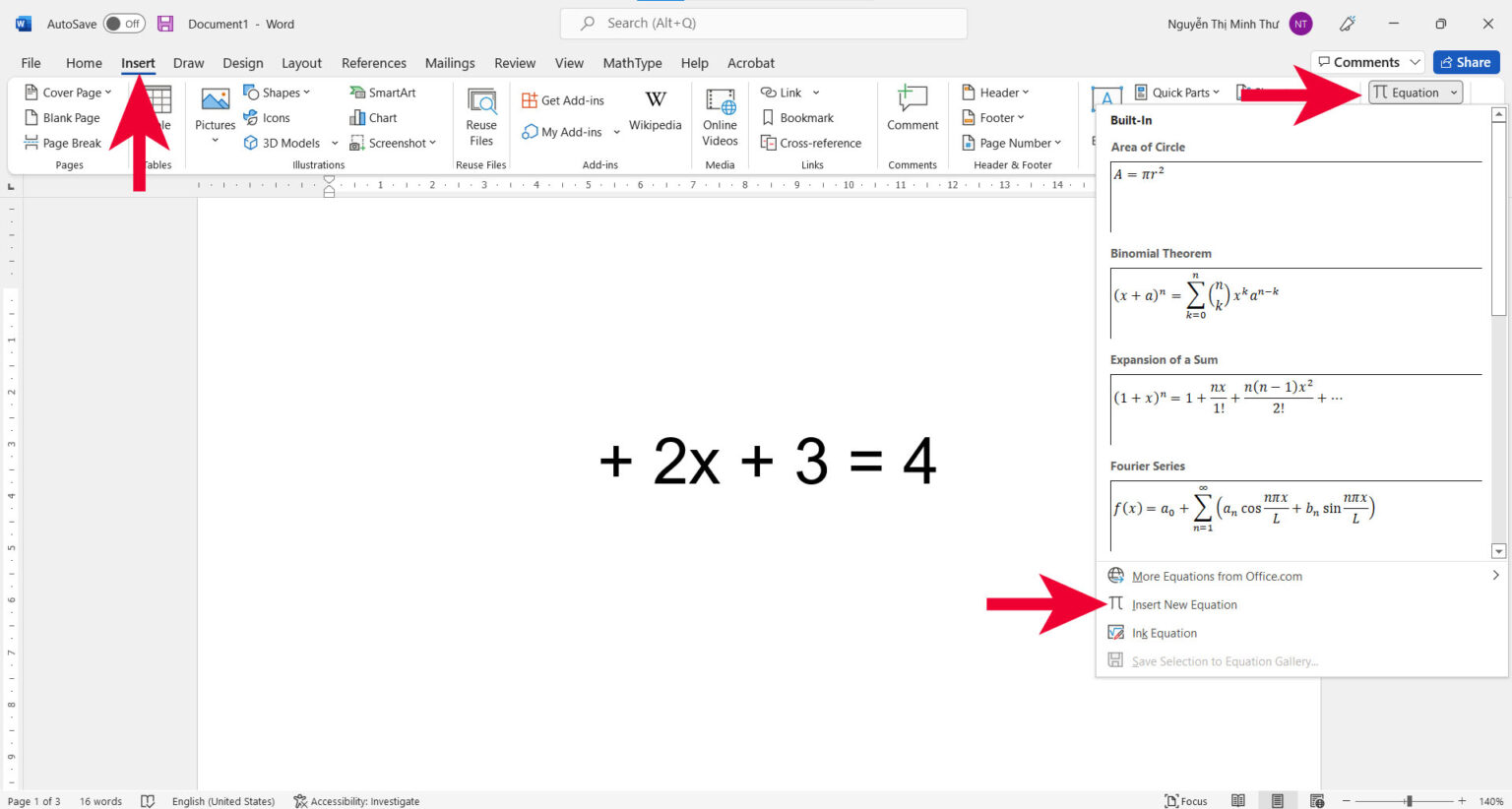 Chọn Insert New Equation