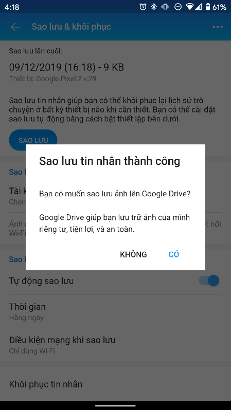 Chọn sao lưu trên Google Driver