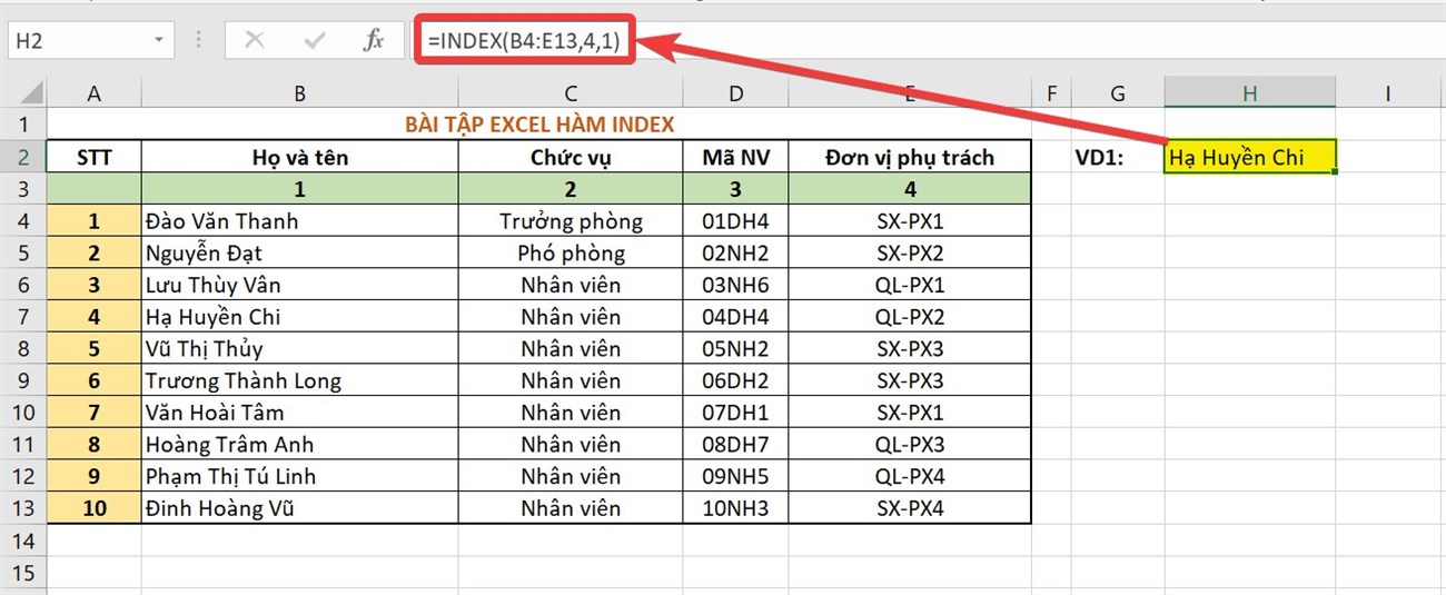 Hàm Index sử dụng trong Excel