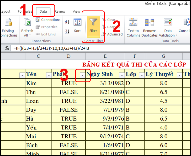 Chọn phần Filter để xuất hiện mũi tên