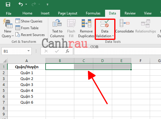 Vào phần Data Validation