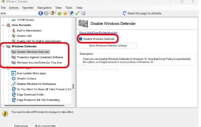 Tích vào Disable Windows Defender