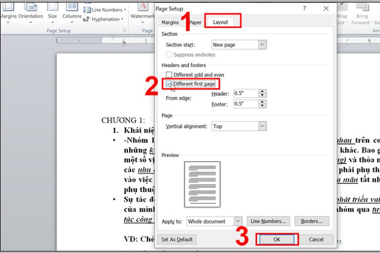 Tick chọn Different first page
