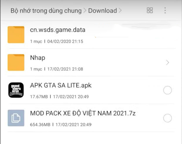 Nhấn vào file APK GTA SA LITE.apk