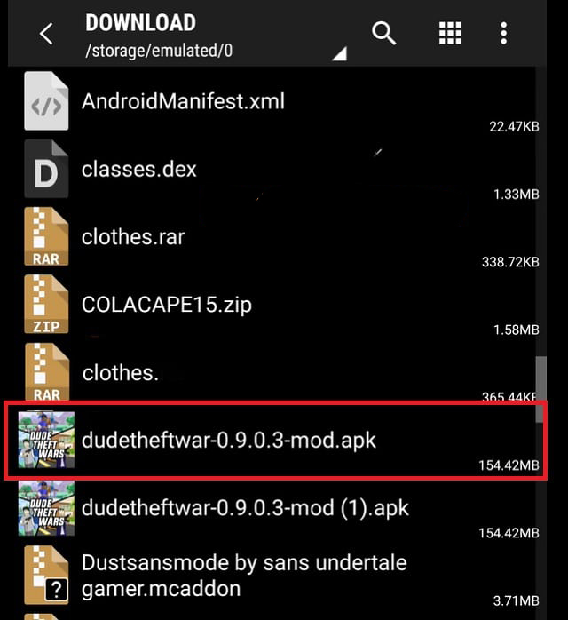 Vào Download rồi tìm đến file dudetheftwar-0.9.0.9a-mod.apk