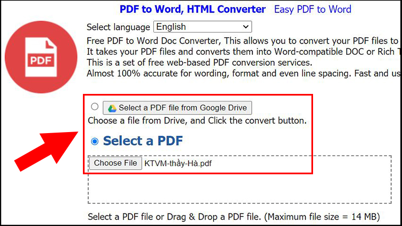 Tải file PDF bạn muốn chuyển đổi