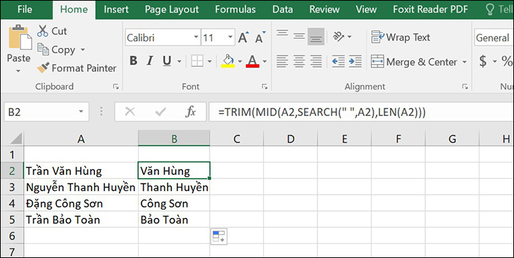 Sử dụng hàm MID Xuất tên