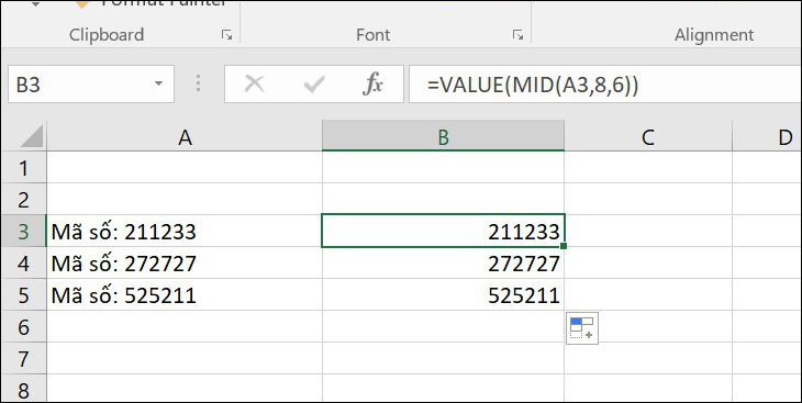 Sử dụng hàm MID trả về 1 số