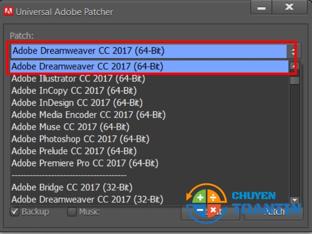 Chọn phiên bản crack là Adobe Dreamweaver CC 2017 (64-Bit)