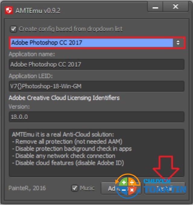 Bạn chọn phiên bản Adobe Photoshop CC 2017 rồi nhấn Install