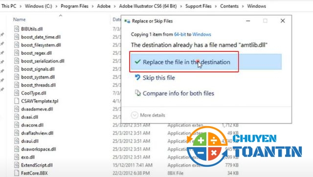 Click chọn Replace the file