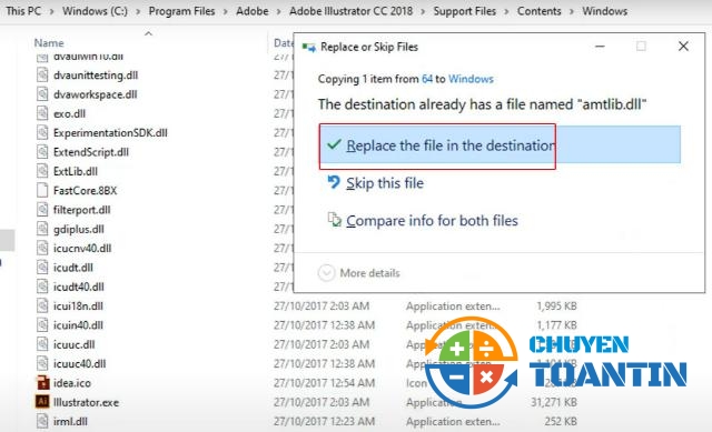  Click chọn Replace the file