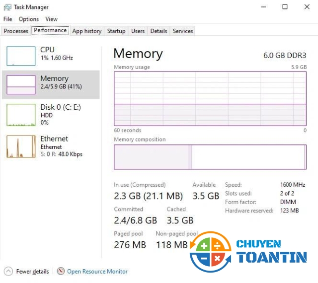 Dòng Memory là thông tin của số Ram đang sử dụng