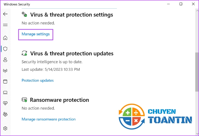 Xuống phần 'Virus & threat protection settings'. Nhấp vào tùy chọn Manage Settings.