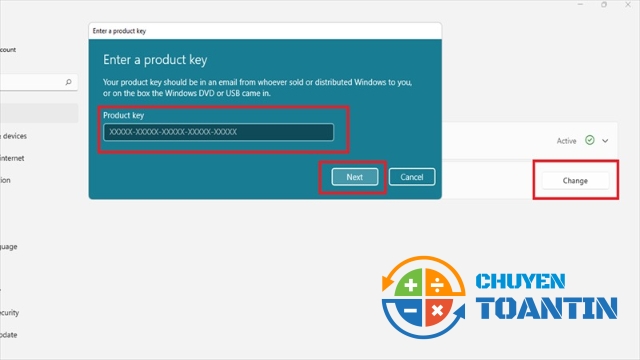 Nhập key của Windows 11 Pro của bạn vào ô Product key rồi ấn Next 